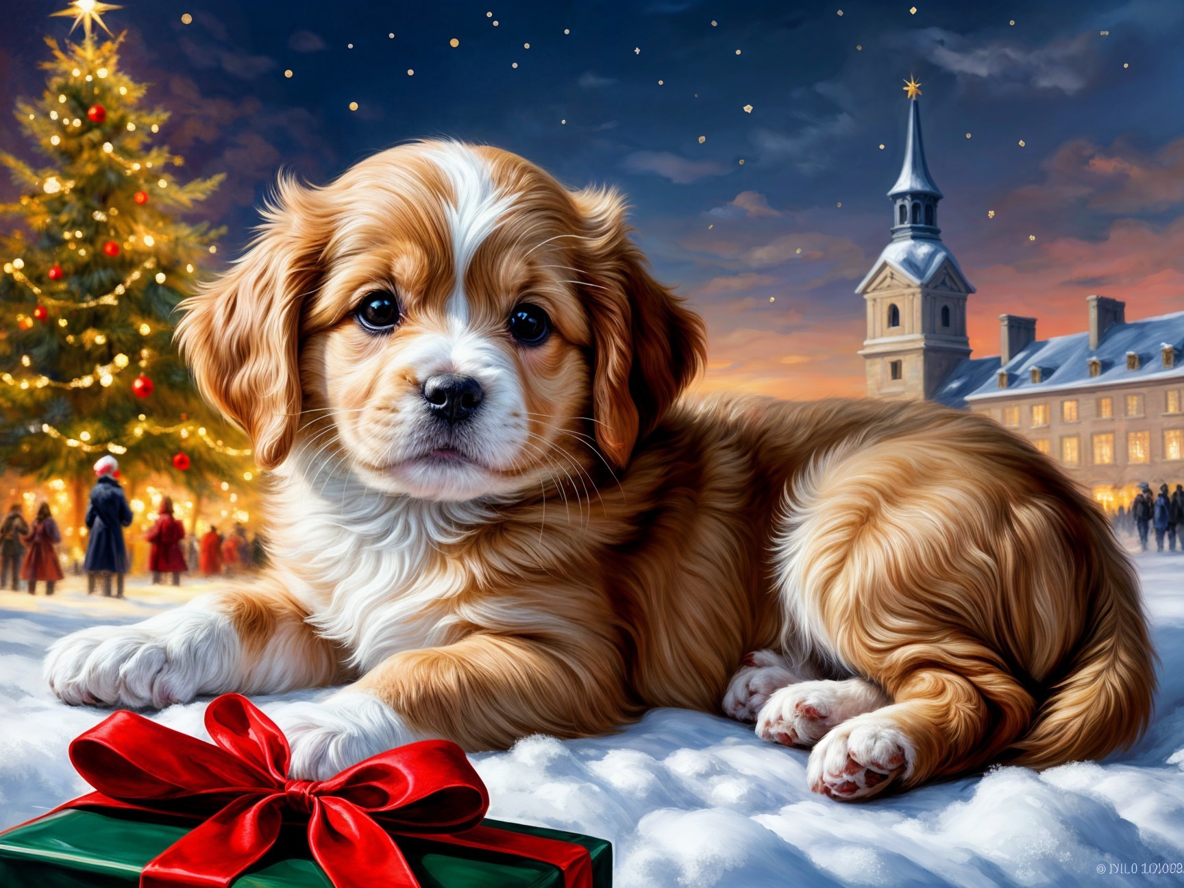 Fluffy Golden Puppy in Festive Holiday Scene