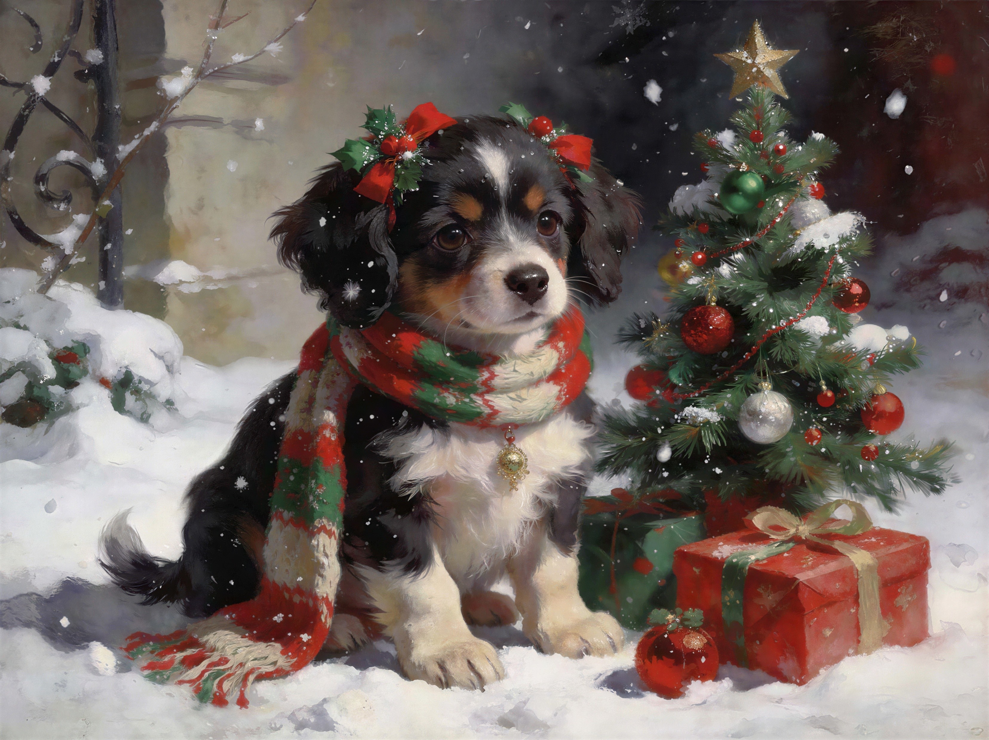 Oil Painting of a Terrier Puppy in a Christmas Scene
