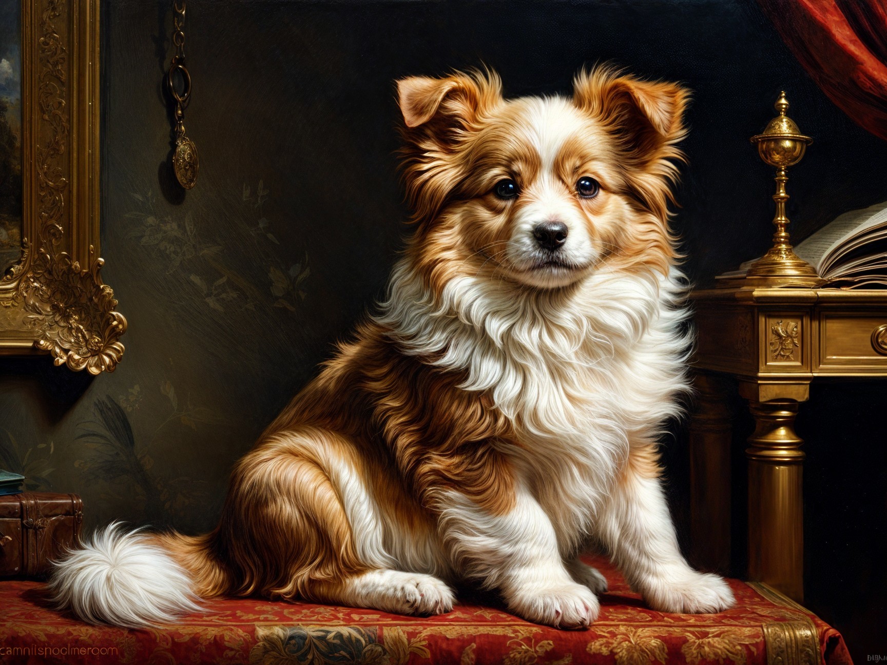 Fluffy Golden-Brown Dog on Red Velvet Cushion