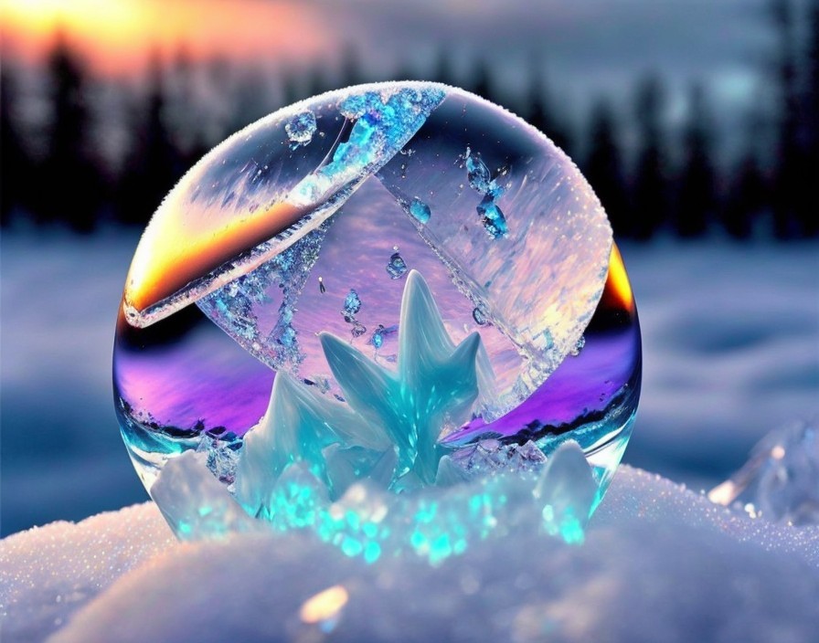 Frozen Bubble with Star-Shaped Ice Crystals at Sunrise