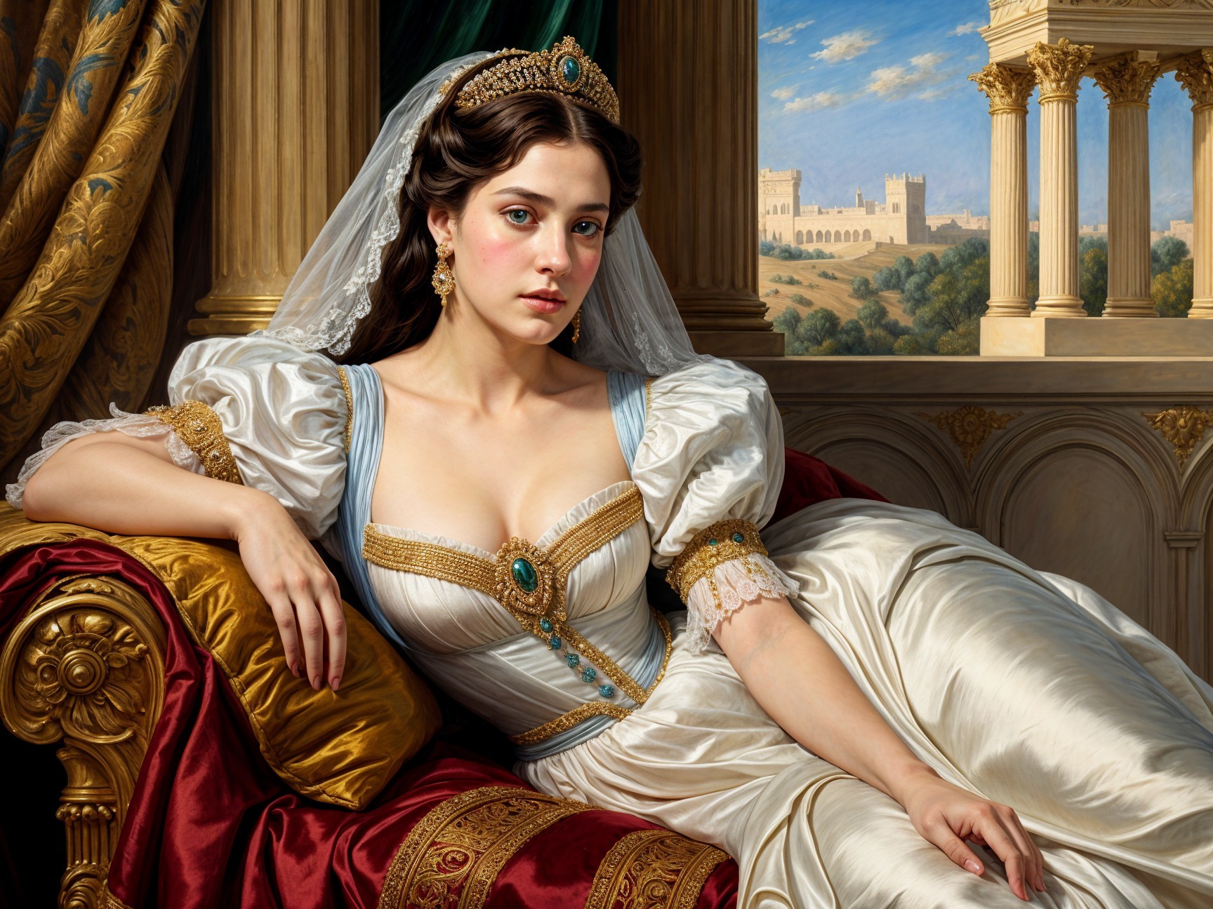 Regal young woman on ornate couch in luxurious gown