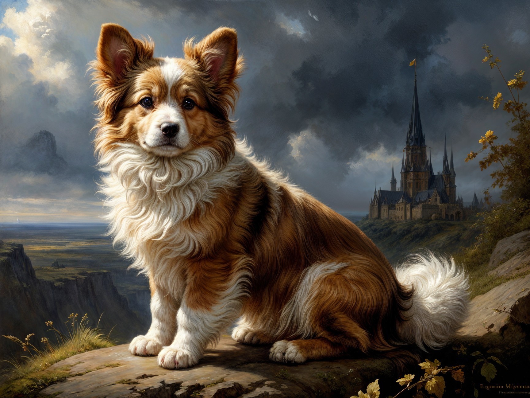 Tri-colored dog on rocky outcrop with castle backdrop