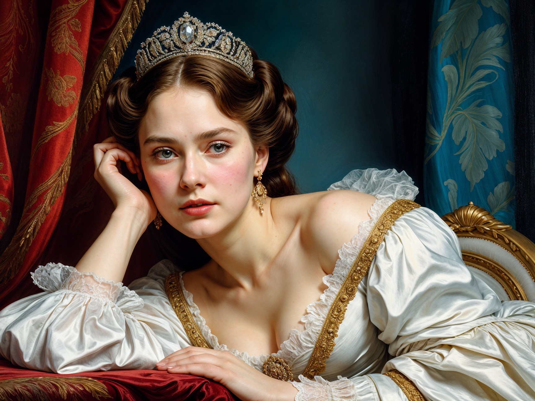 Young Woman in Elegant Attire with Regal Backdrop