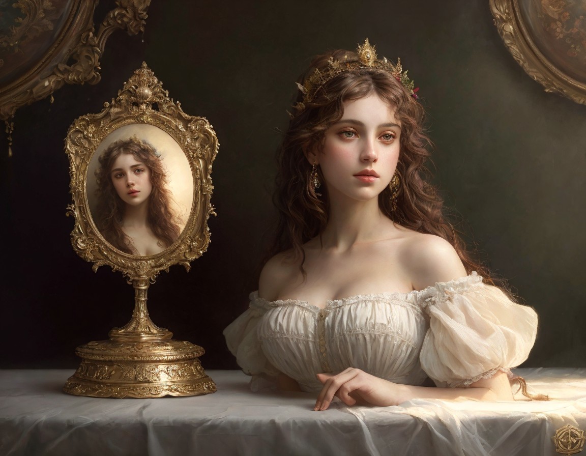Young woman in off-shoulder dress with ornate mirror