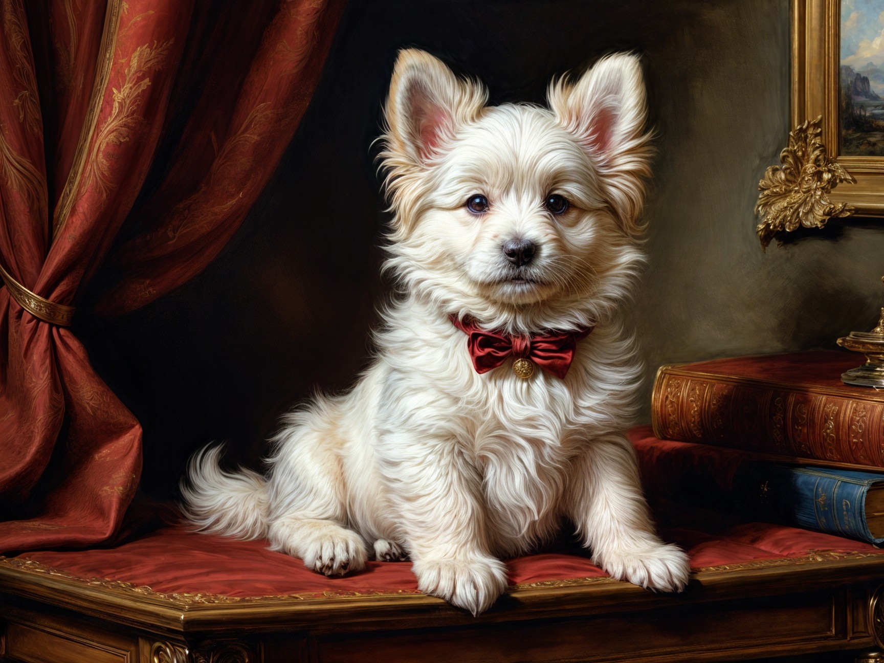 Cream-colored puppy with bow tie on velvet surface