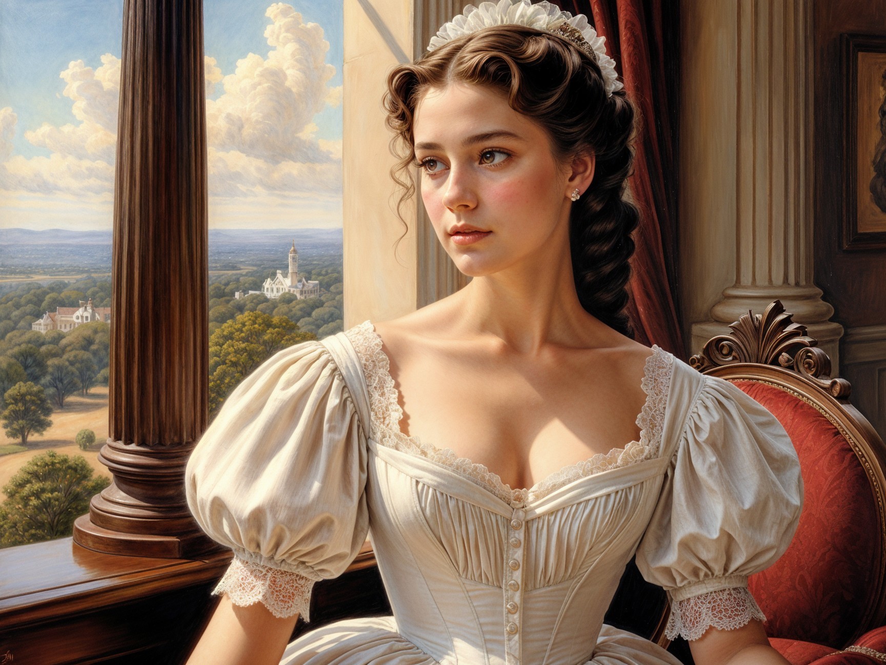 Young woman in vintage white dress by a window