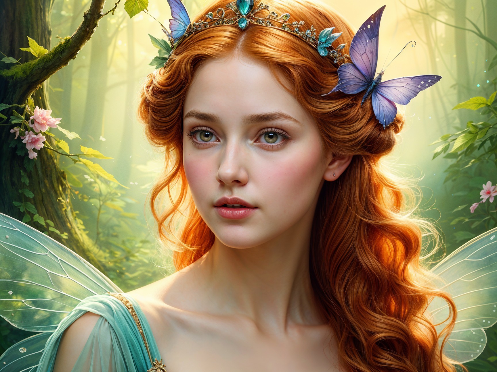 Young woman in blue dress with wings in forest