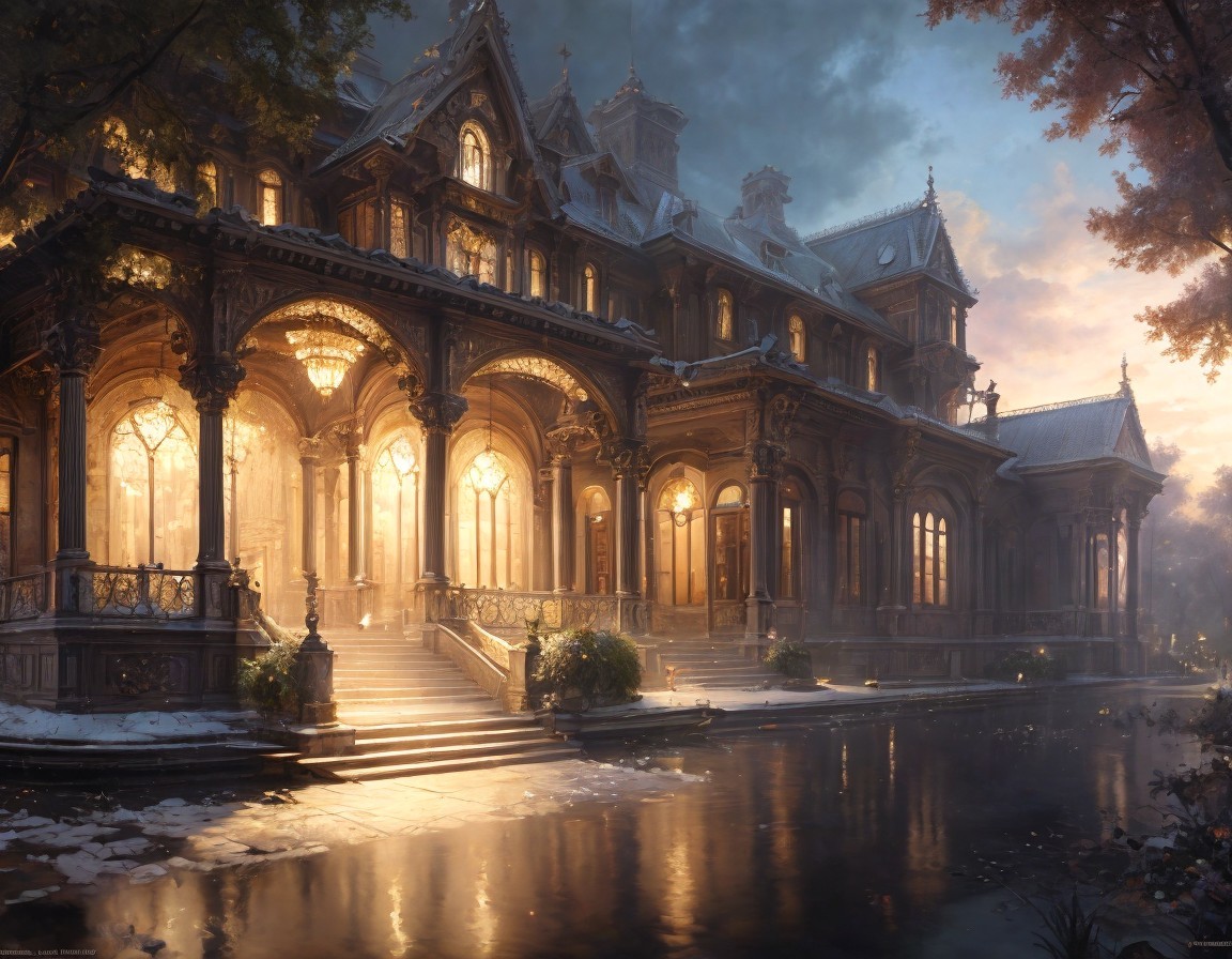 Opulent Victorian Mansion by Tranquil Waterway