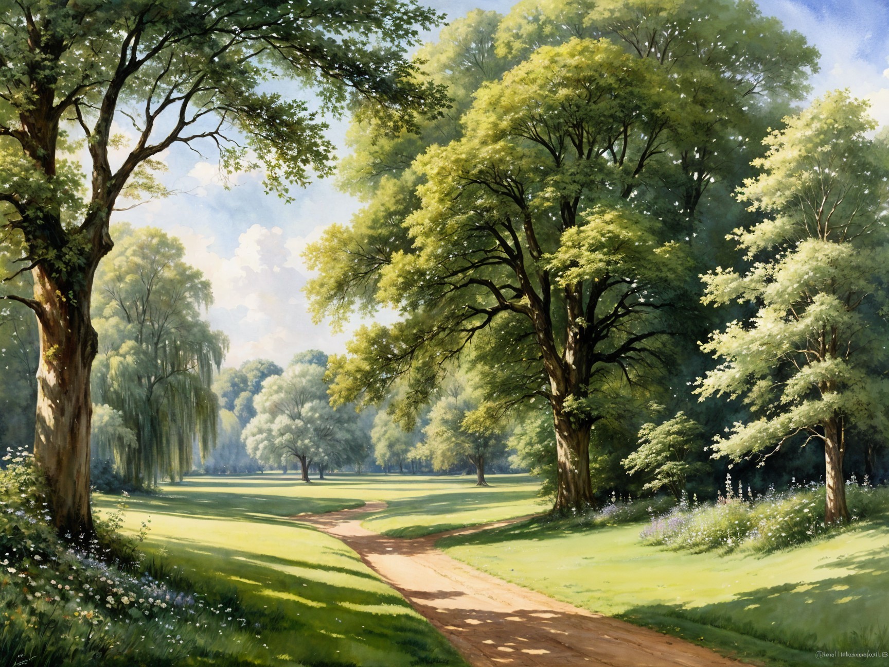 Tranquil Landscape with Winding Path and Meadow