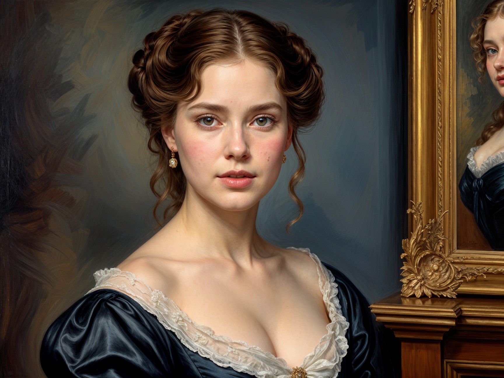 Young woman in elegant hairstyle and dark dress