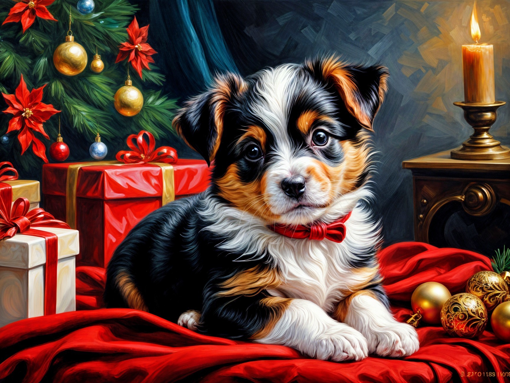 Tricolor Puppy Surrounded by Christmas Decorations