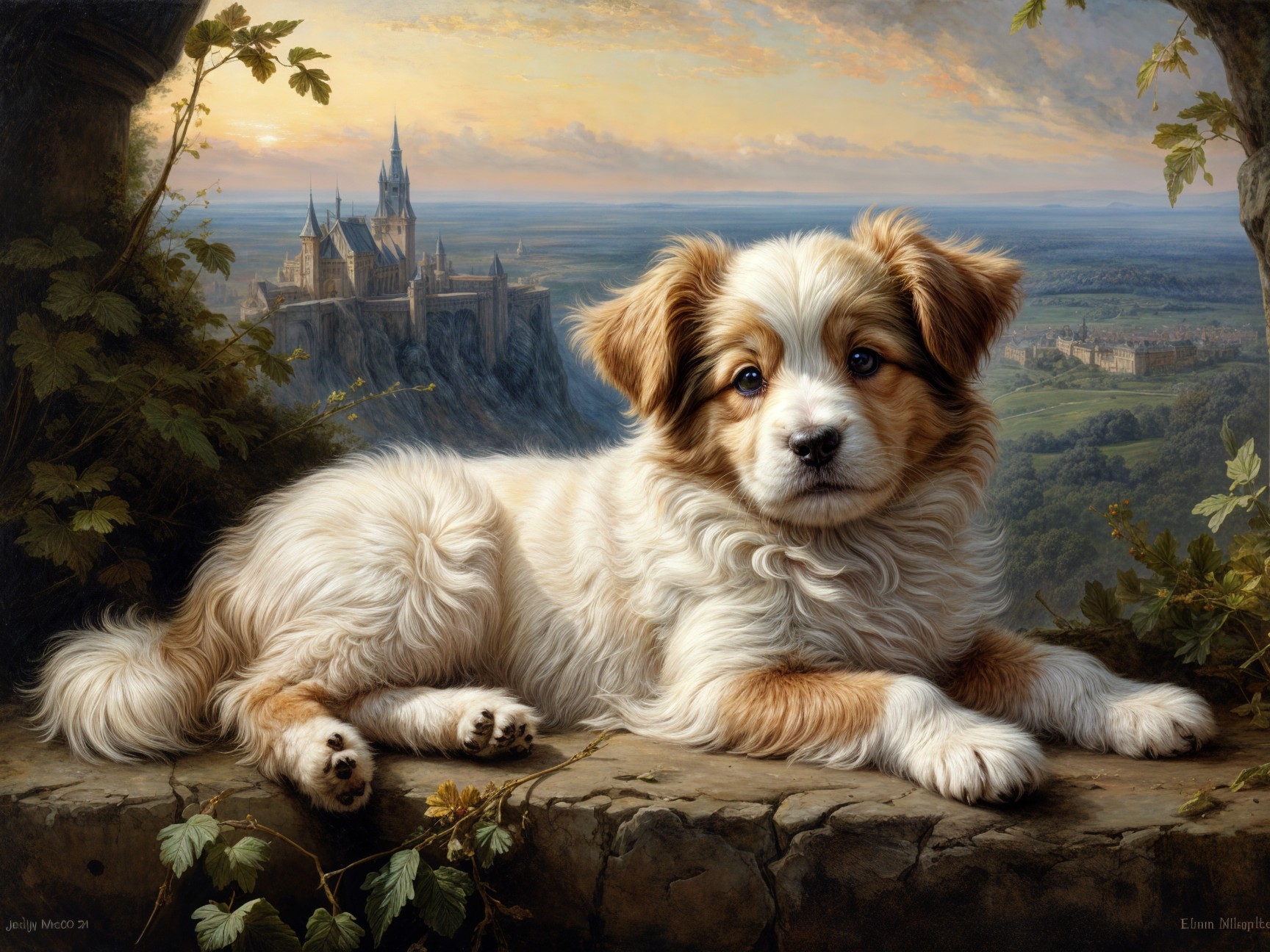 Fluffy Puppy on Stone Ledge with Castle Background
