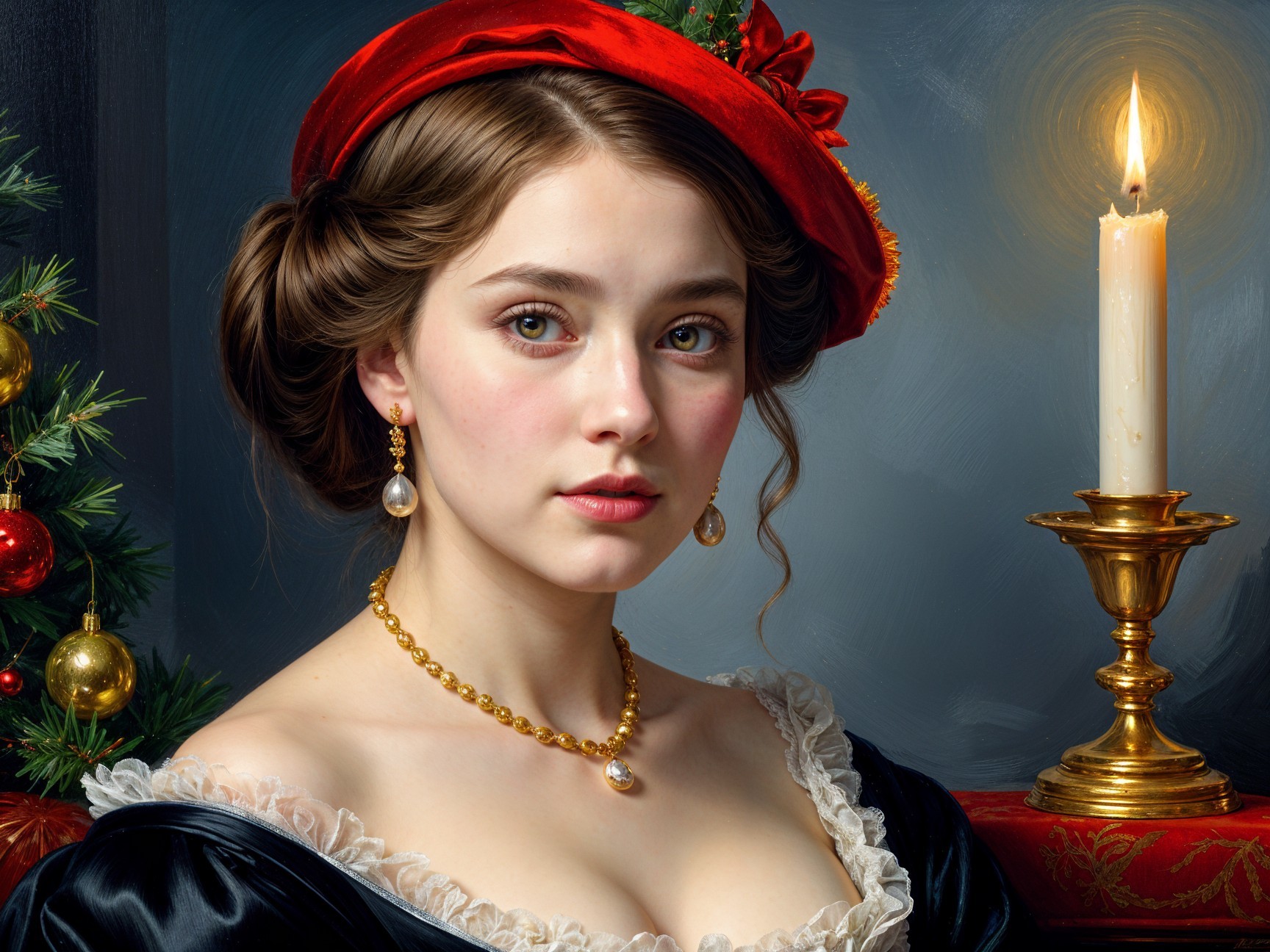 Young woman in elegant gown with red hat and candlelight