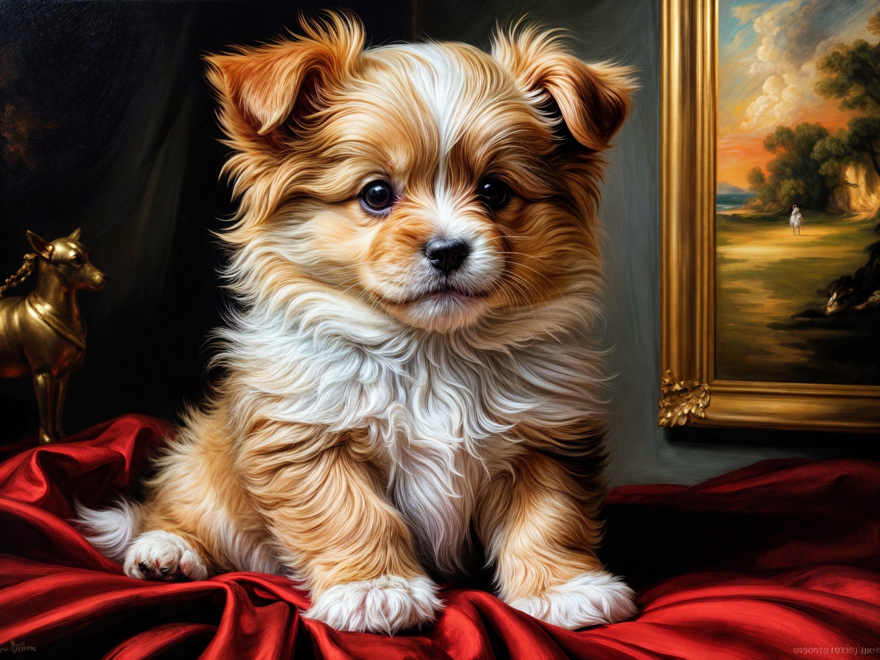 Small Fluffy Puppy on Red Velvet with Elegant Decor