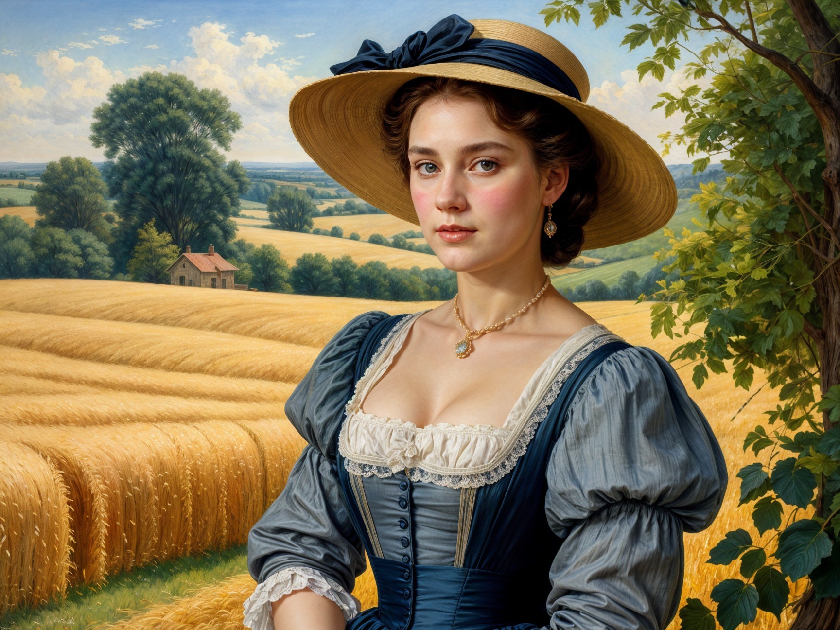 Young Woman in Blue Dress in Wheat Field Scene