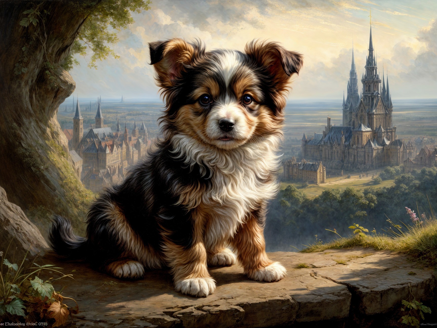 Fluffy Tri-Colored Puppy on Rocky Ledge with Castle