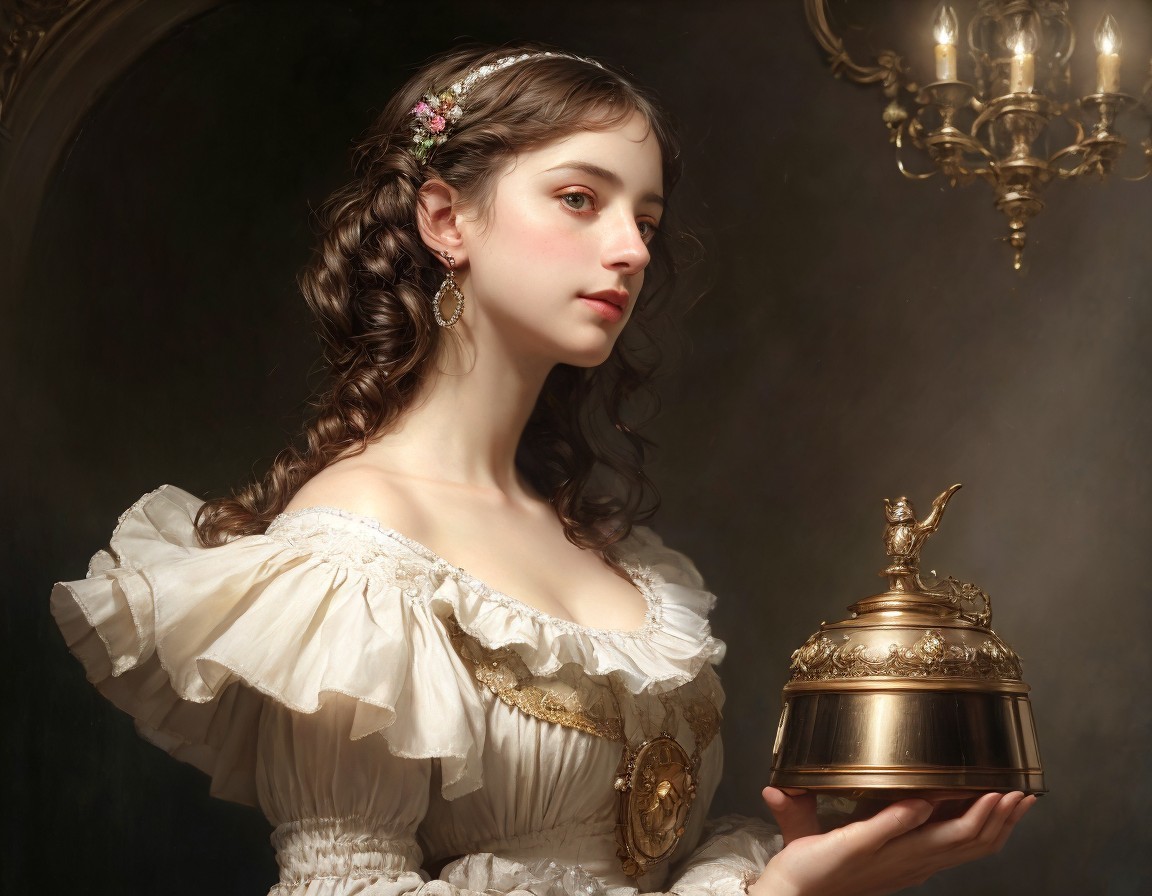Vintage dress with puffed sleeves and ornate golden vessel portrait.