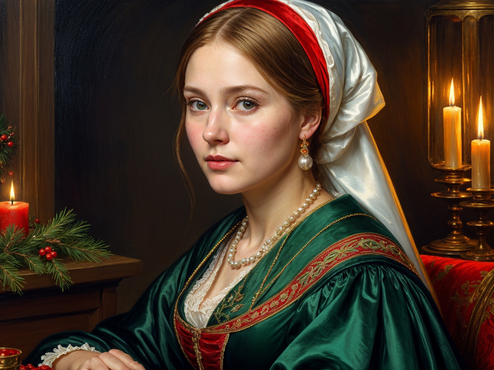 Young woman in elegant green dress with pearls