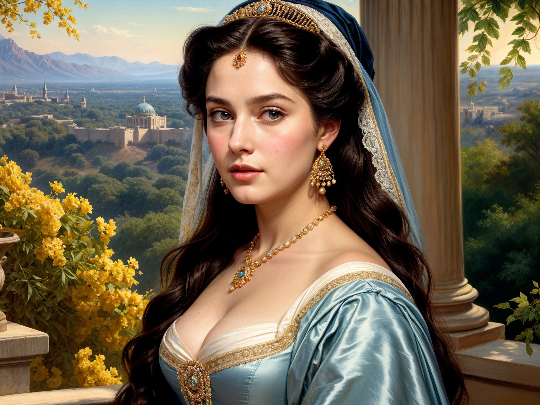 Young woman in blue gown with gold embroidery and jewelry