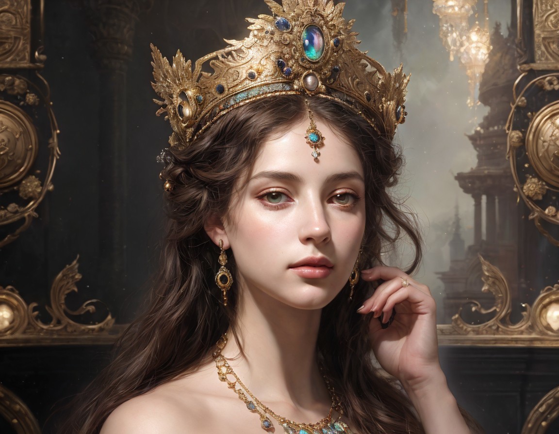 Regal woman with jeweled crown in opulent setting
