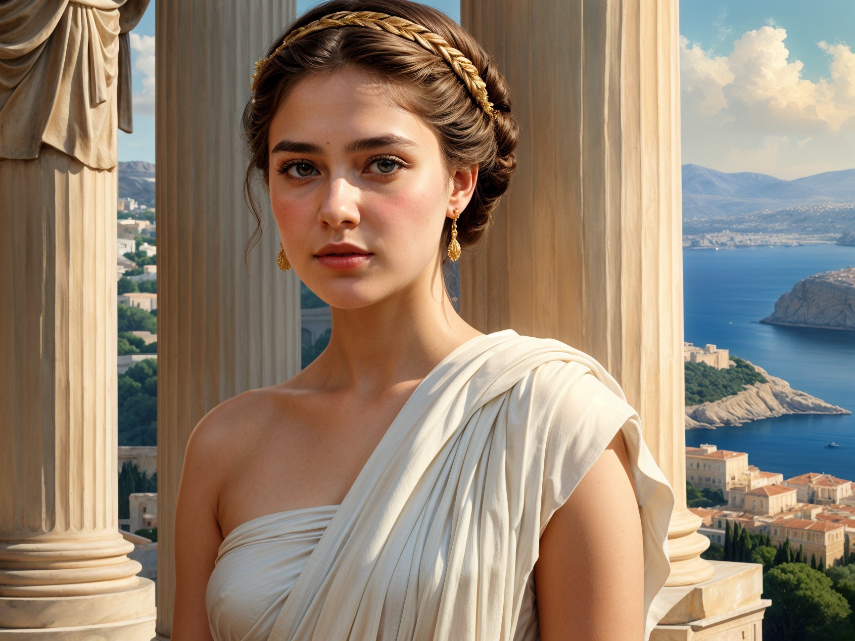Young Woman in Flowing White Garment by Seaside Columns