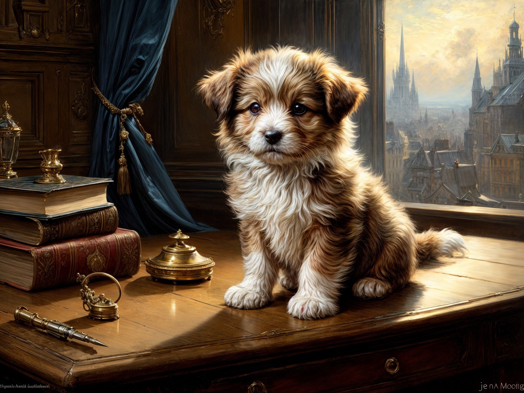 Fluffy Puppy on Desk with Vintage Books and Skyline View