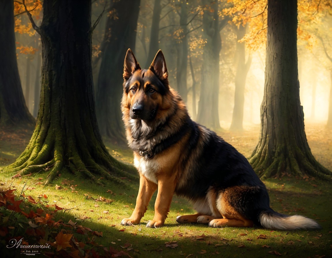 Majestic German Shepherd in Sunlit Autumn Forest