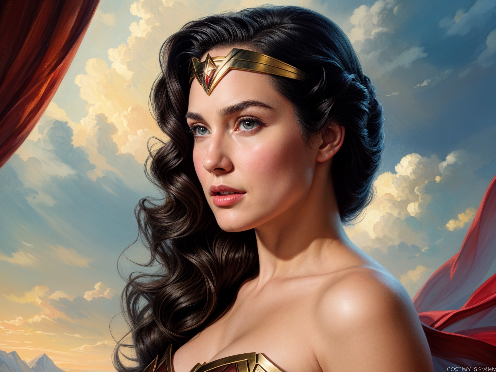 Regal woman in armor with golden tiara and dramatic sky