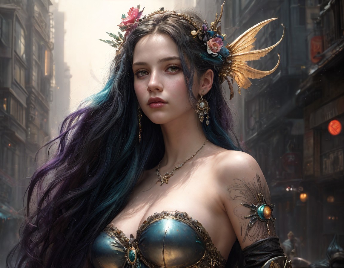 Digital artwork of woman with long blue hair, floral headpiece, tattoos, in steampunk city