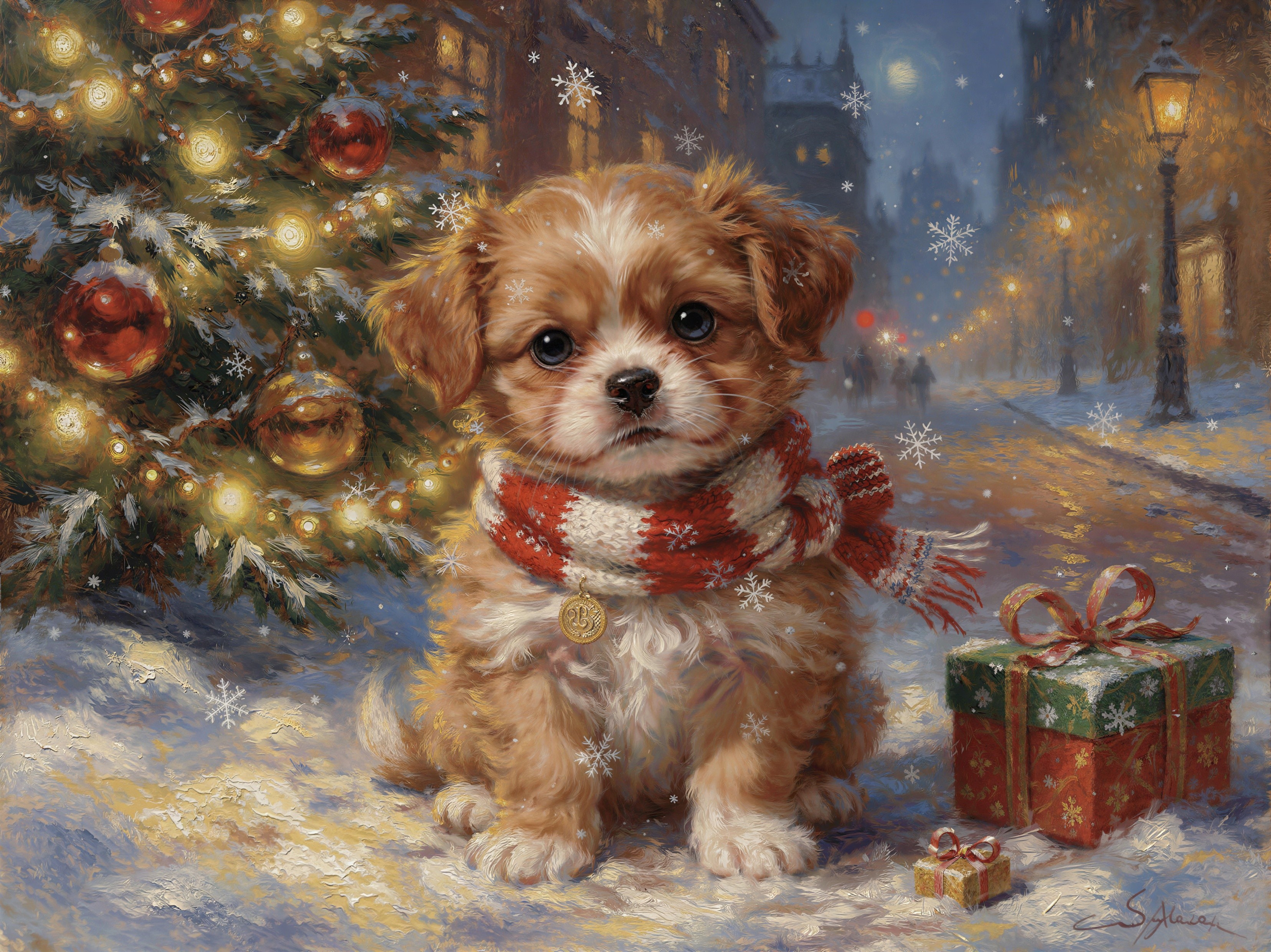 Shih Tzu Puppy in Snow with Christmas Decor and Gifts