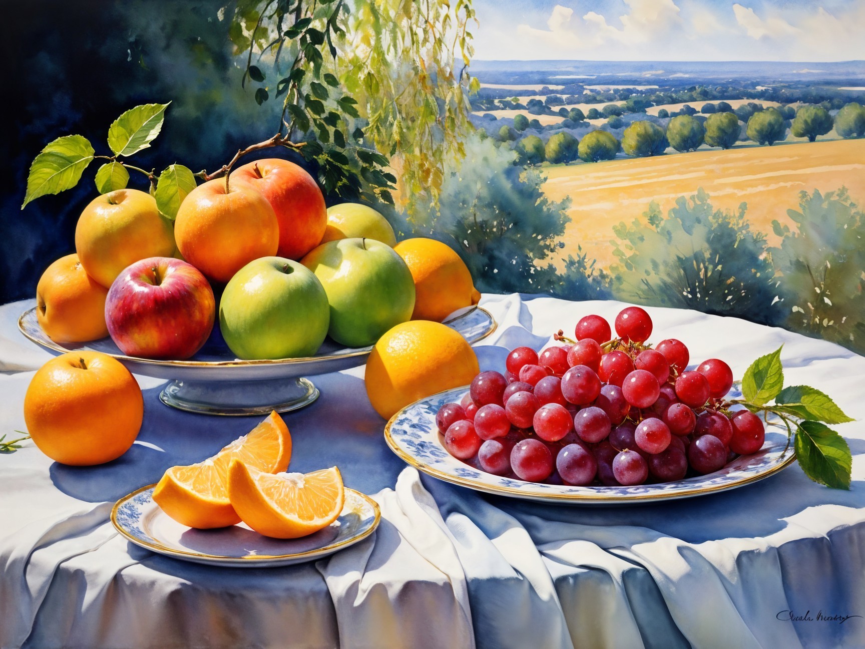Vibrant Still Life of Fruits on Decorative Plates