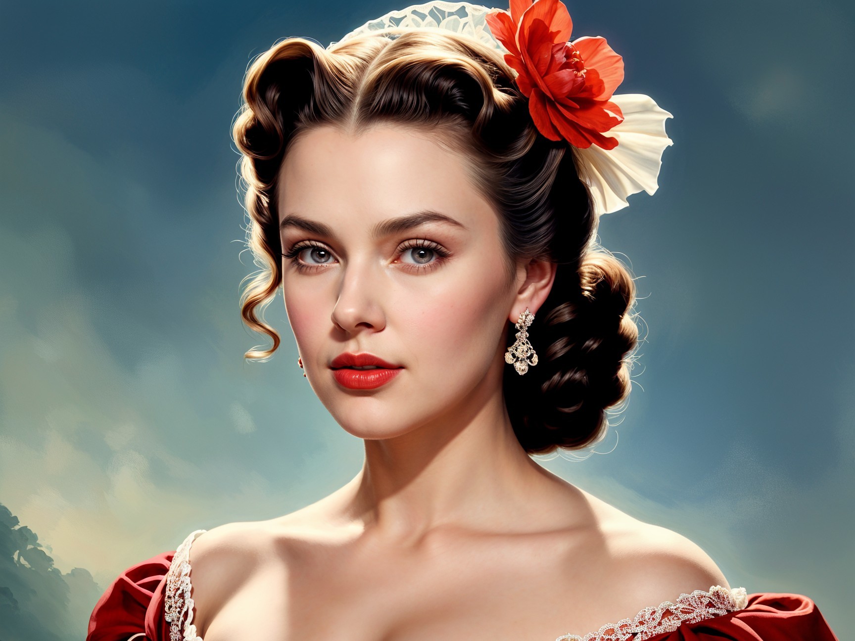 Elegant Vintage Styling with Red Dress and Flower Accent