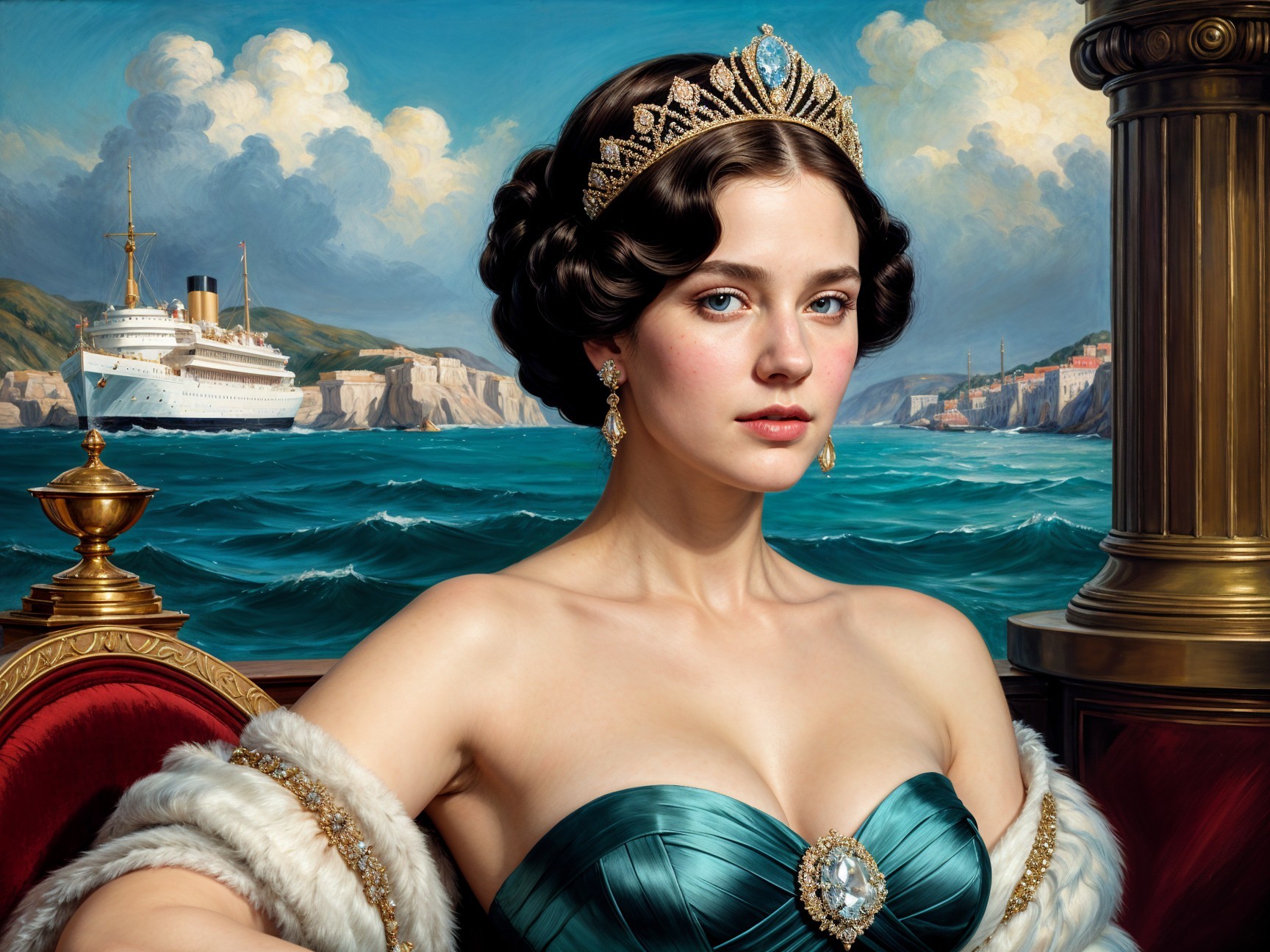 Elegant Young Woman in Emerald Gown by the Sea