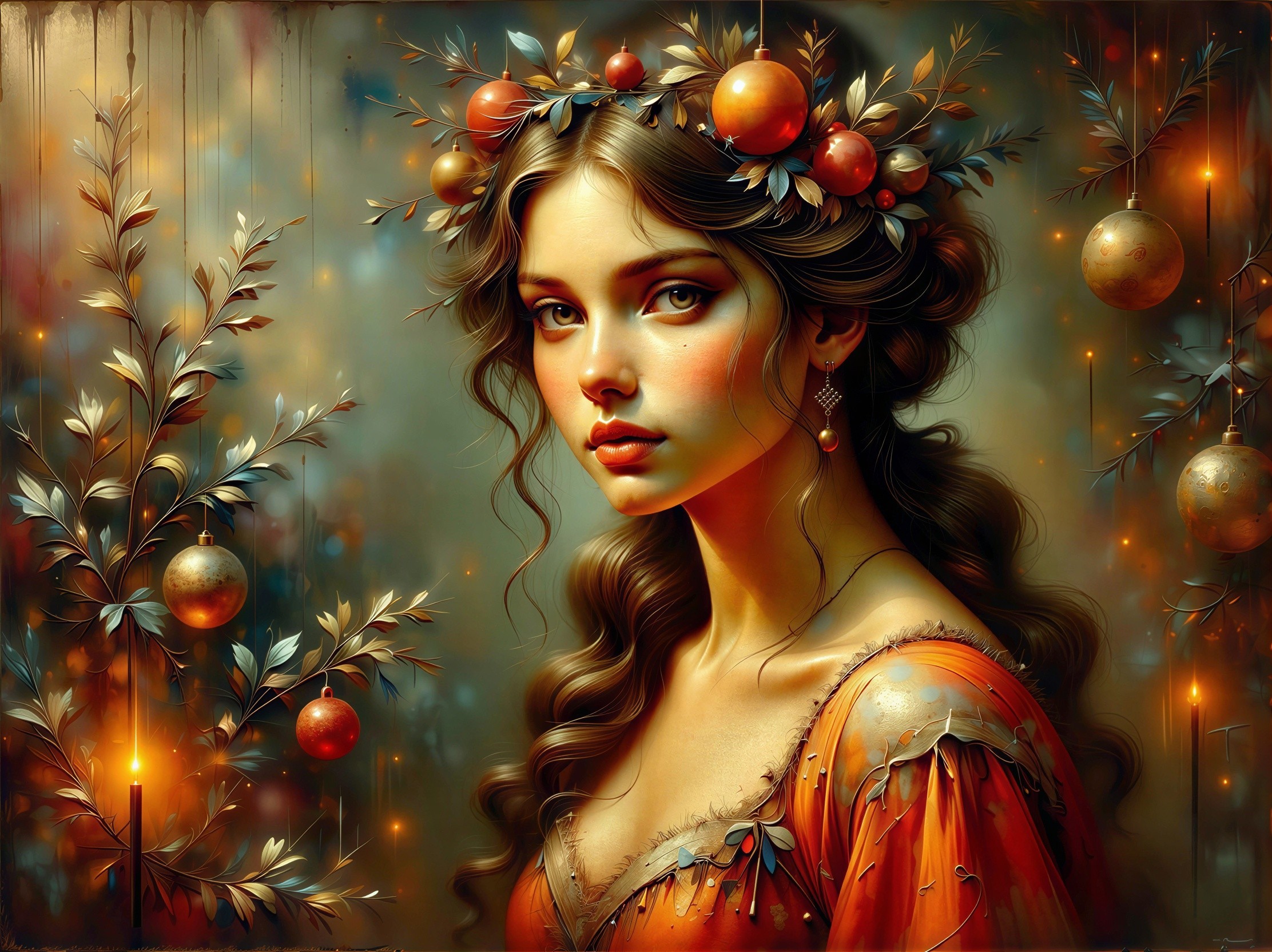 Digital Painting of a Young Woman in Christmas Theme