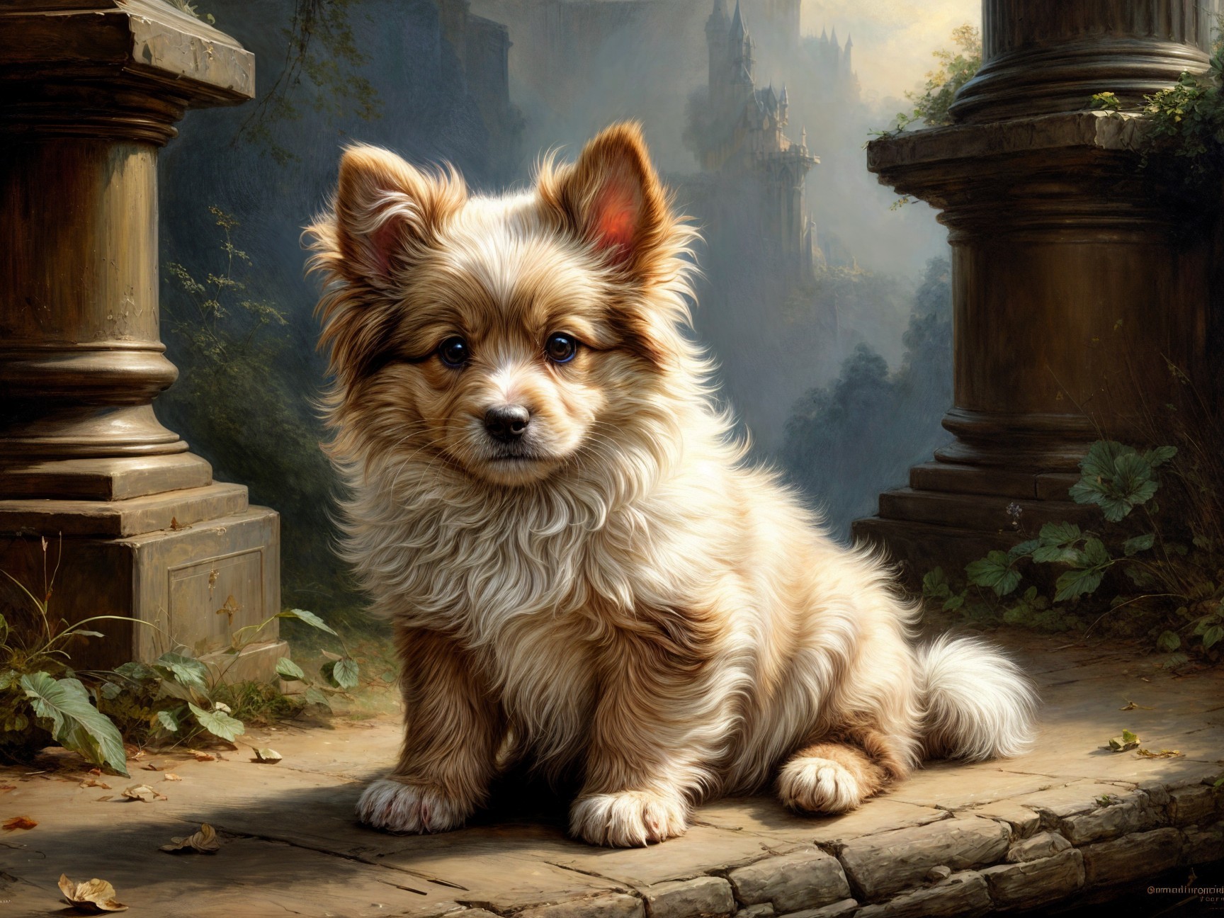 Fluffy tan puppy on cobblestone path in lush setting