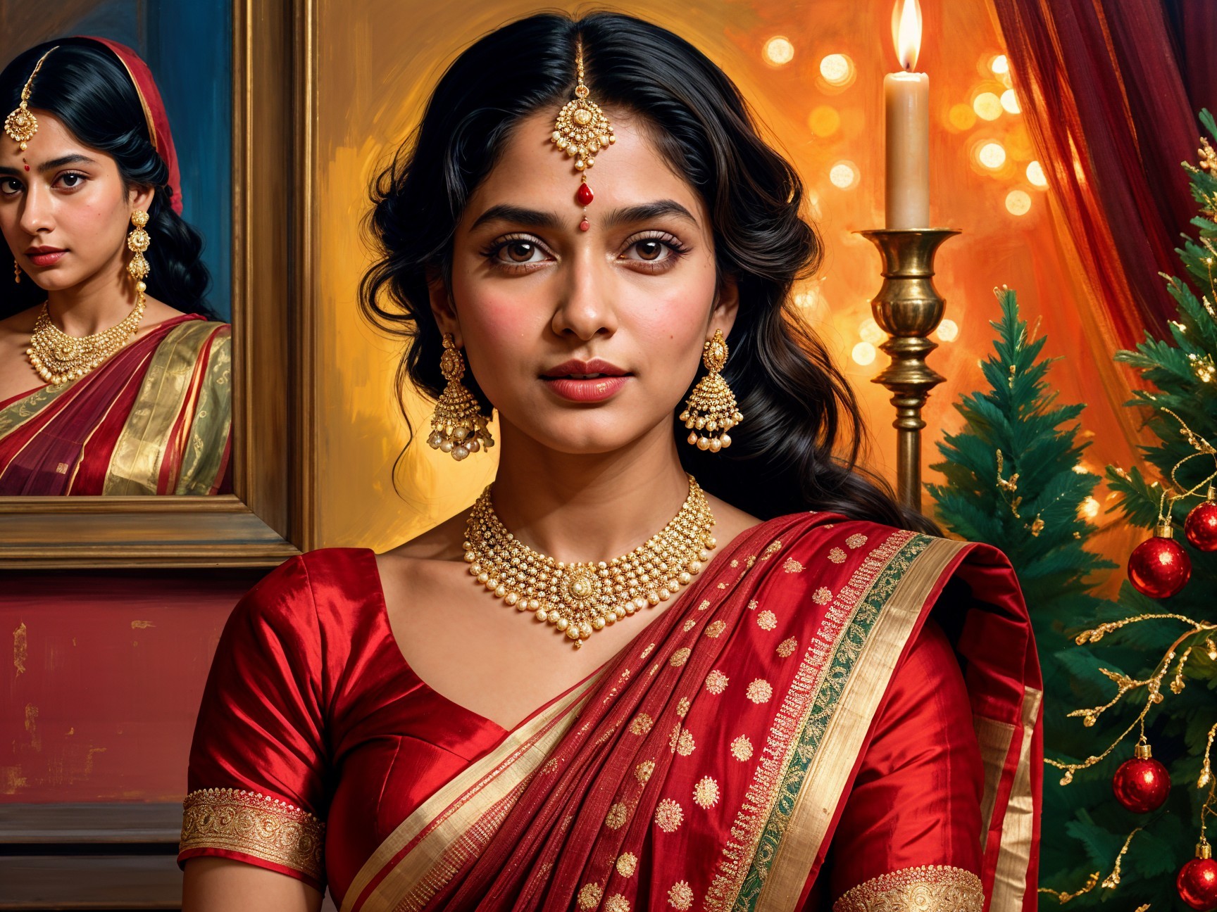 Young Woman in Red Saree with Jewelry and Candlelight