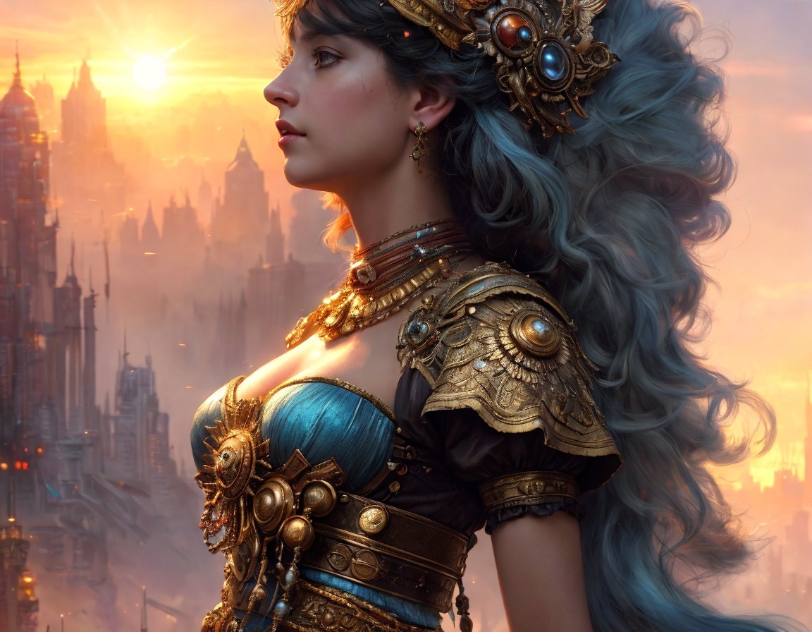 Steampunk Attire with City Spires at Sunset