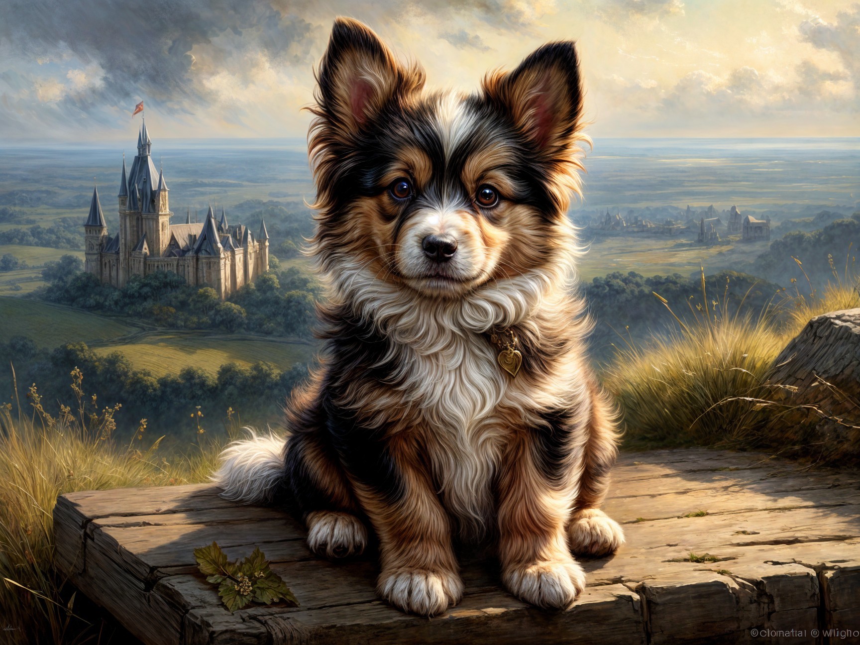 Fluffy Tri-Color Dog with Castle and Green Hills