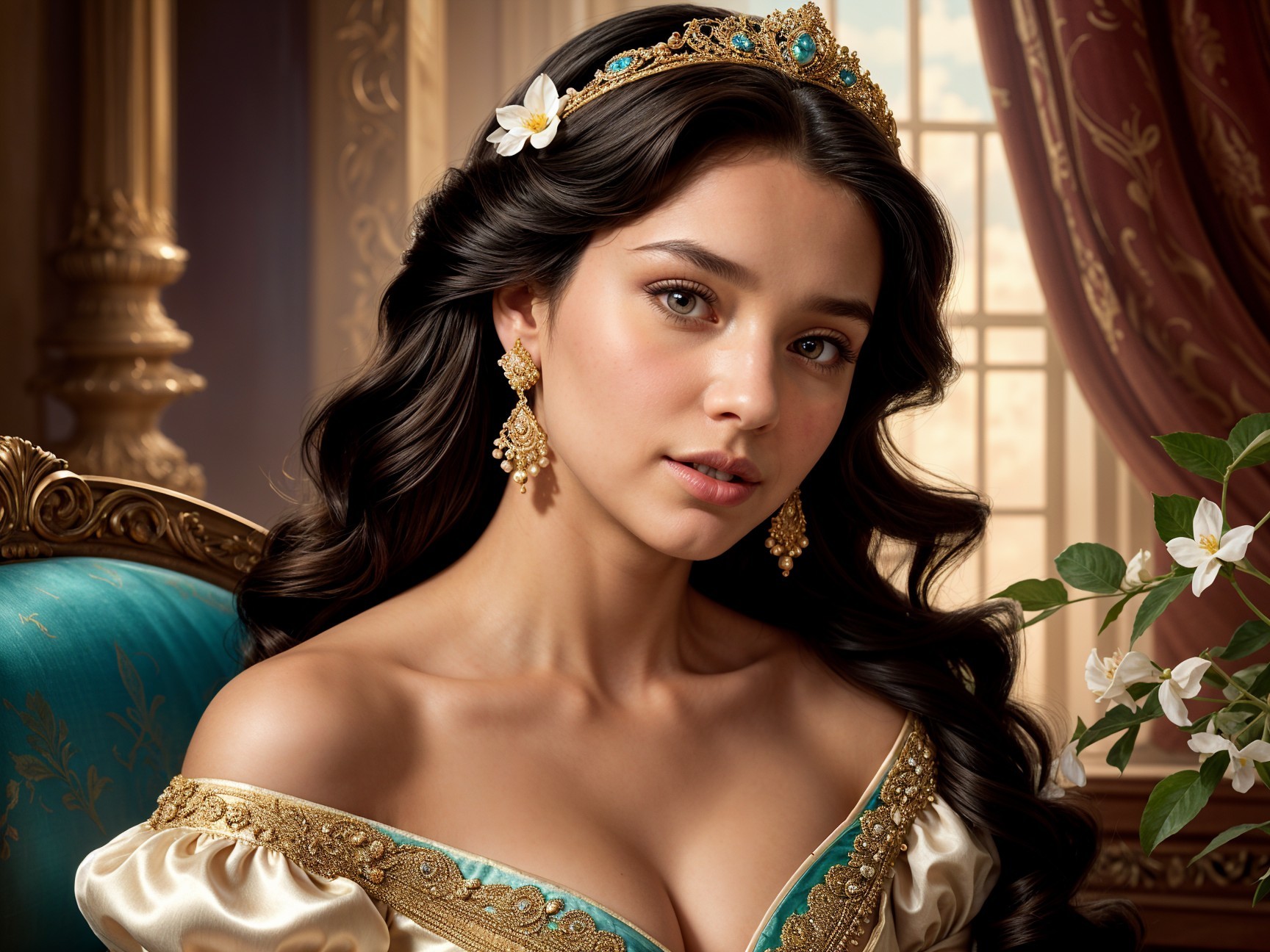 Regal Young Woman in Elegant Gown and Tiara