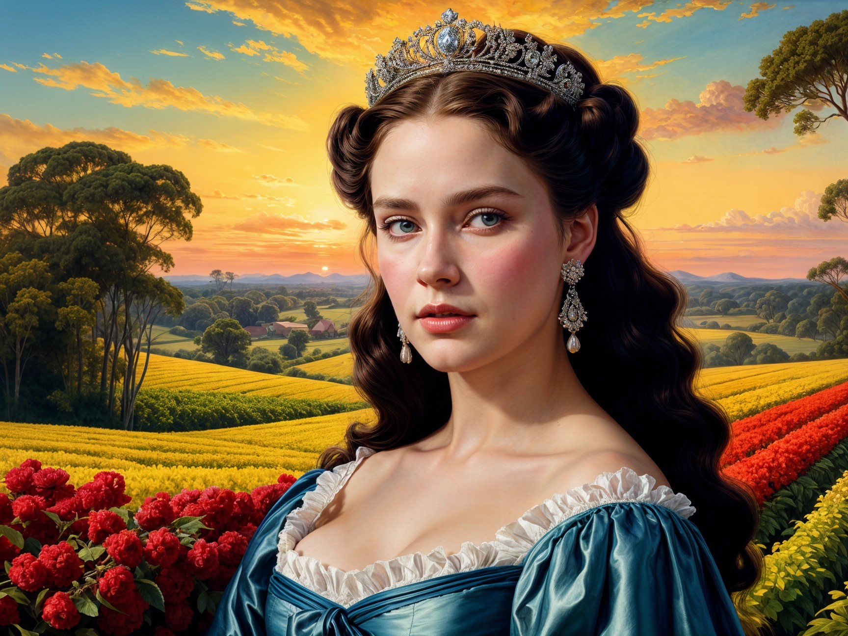 Young woman in blue gown against vibrant sunset landscape