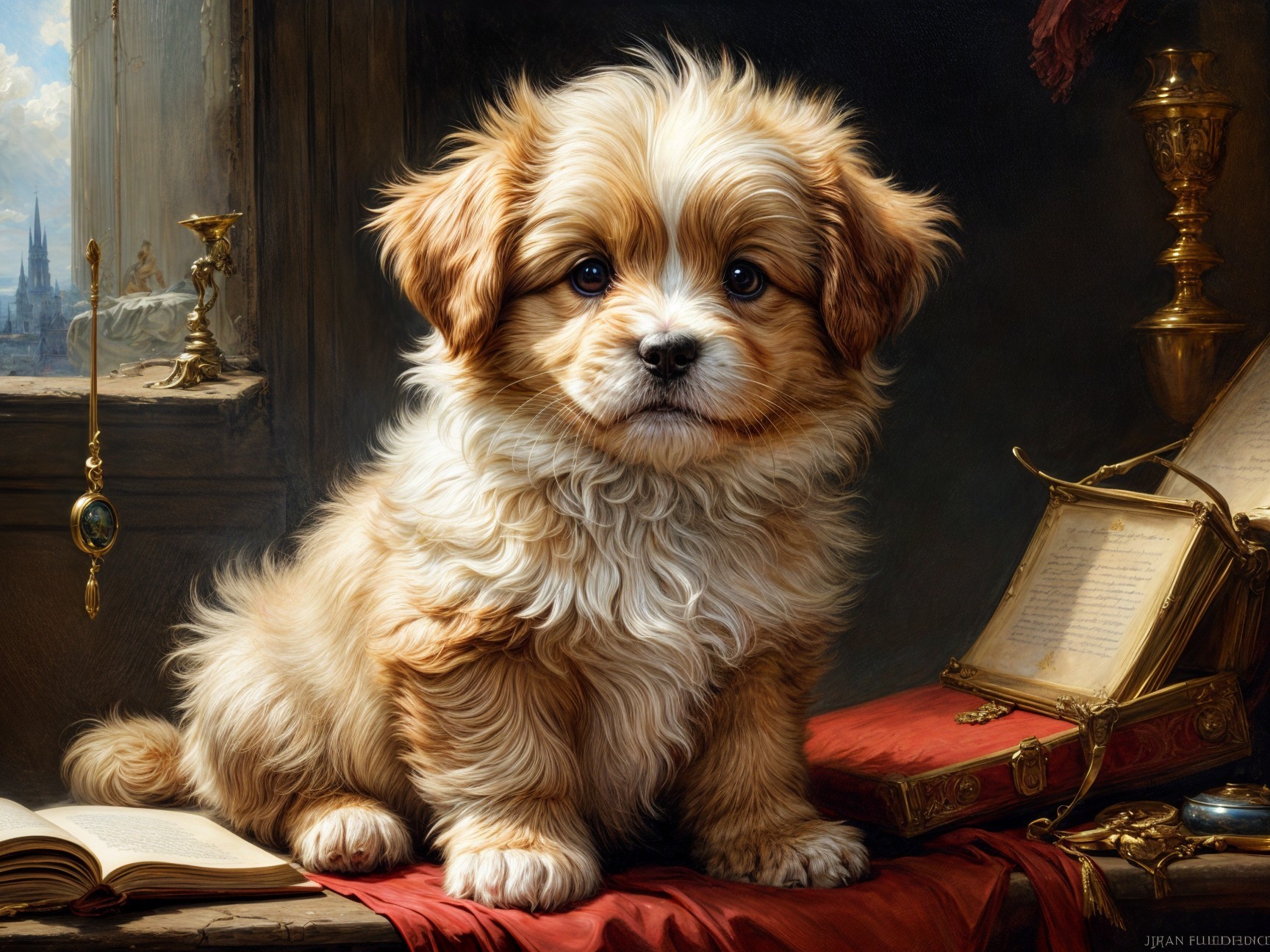 Fluffy puppy on a richly draped table with decor