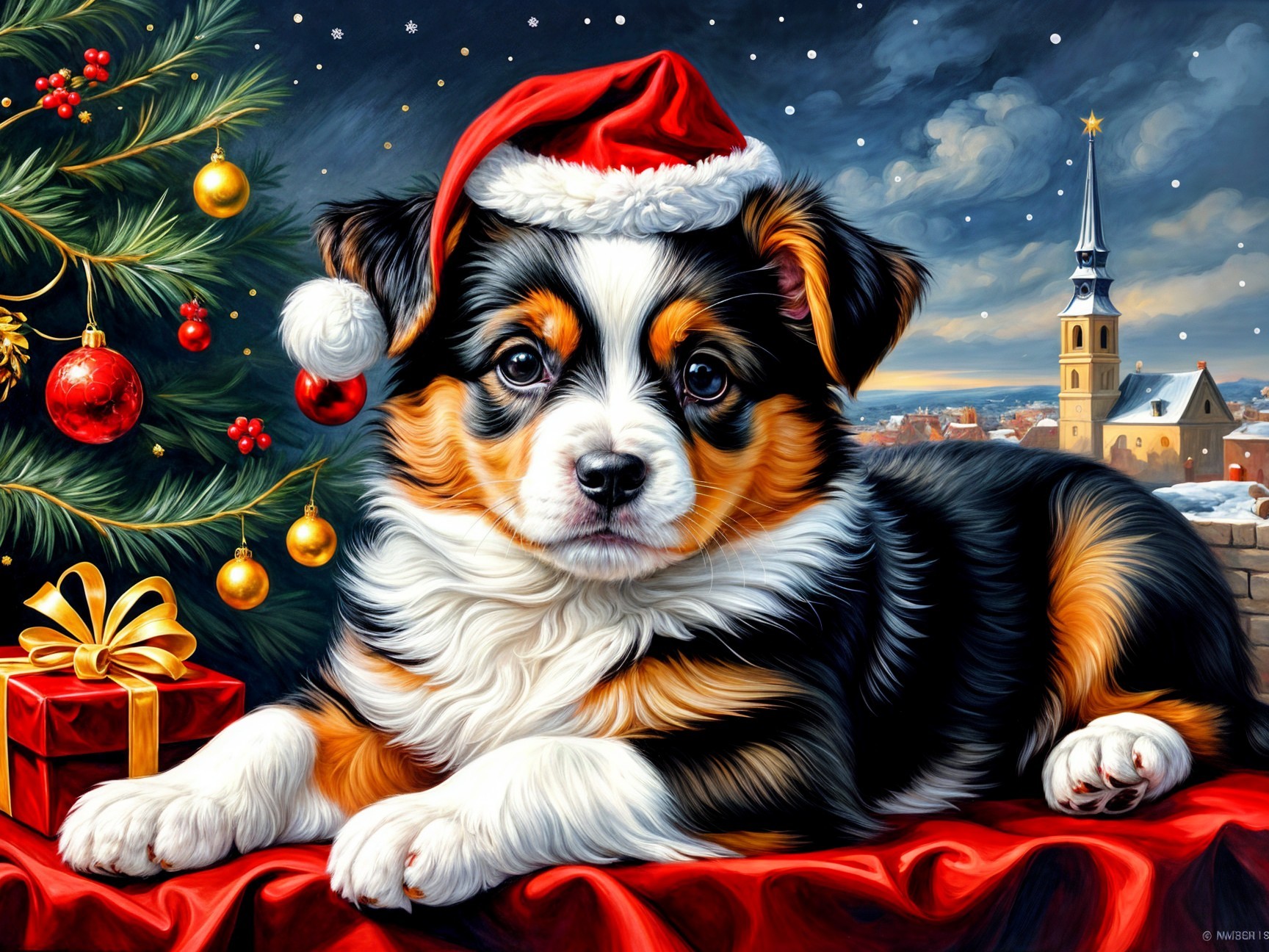 Puppy in Santa Hat Amid Holiday Decor and Snowy Town