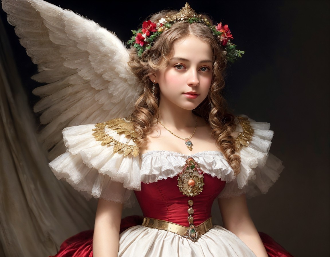 Young woman with angel wings and floral crown in red and white dress