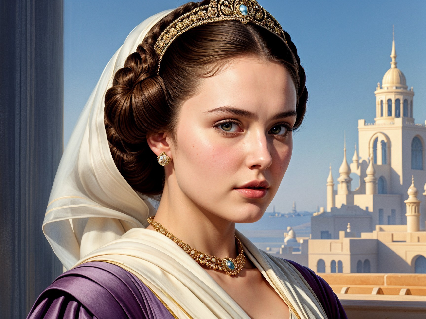 Regal Woman in Purple Gown with Elegant Accessories