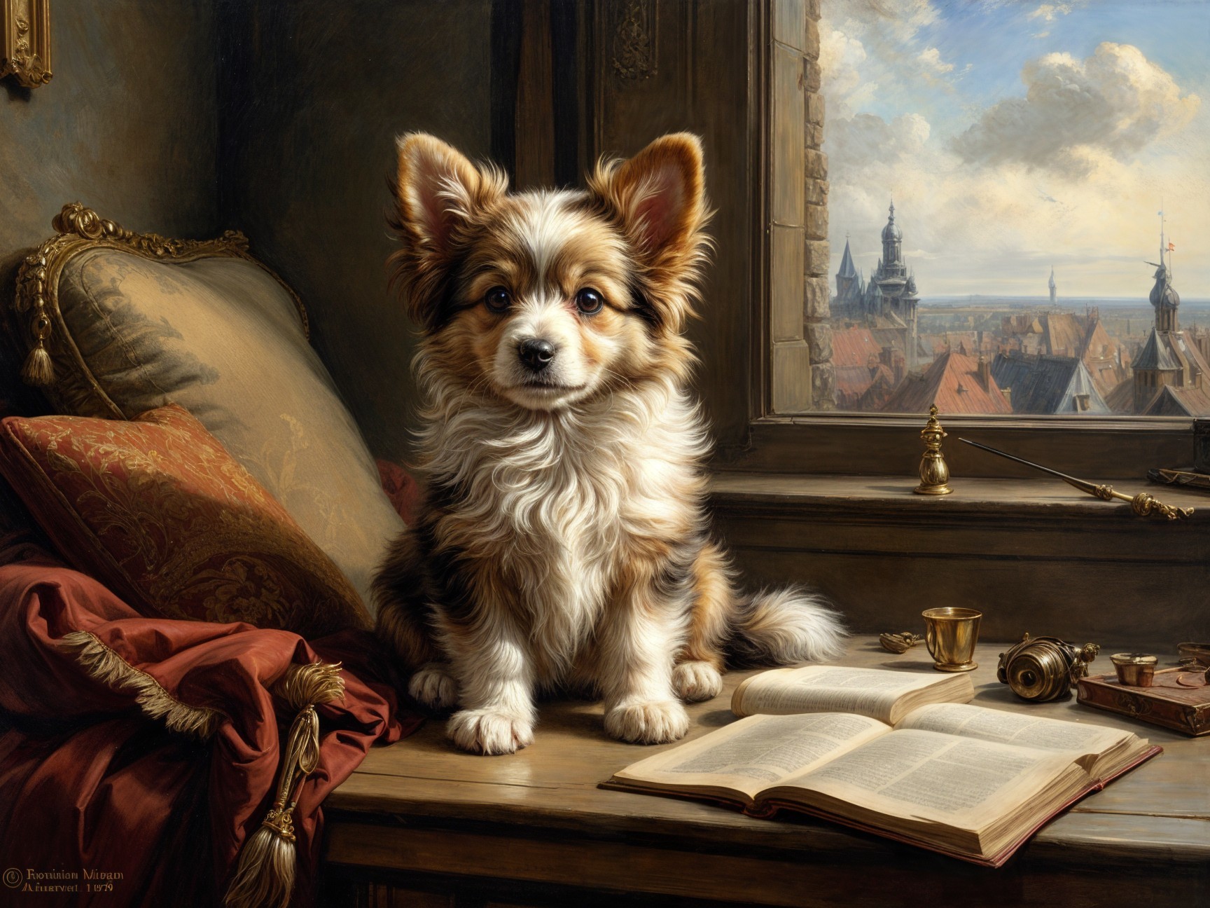 Fluffy Puppy on Table with Book and Scenic View