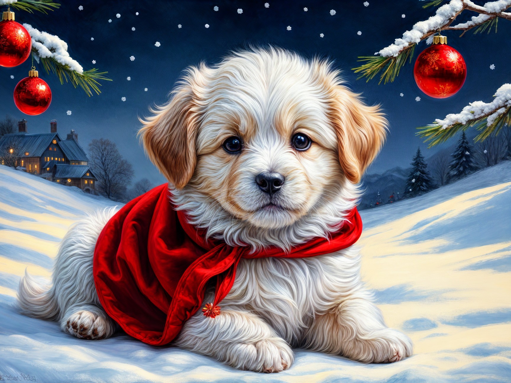 Puppy in Snowy Landscape with Red Scarf and Ornaments