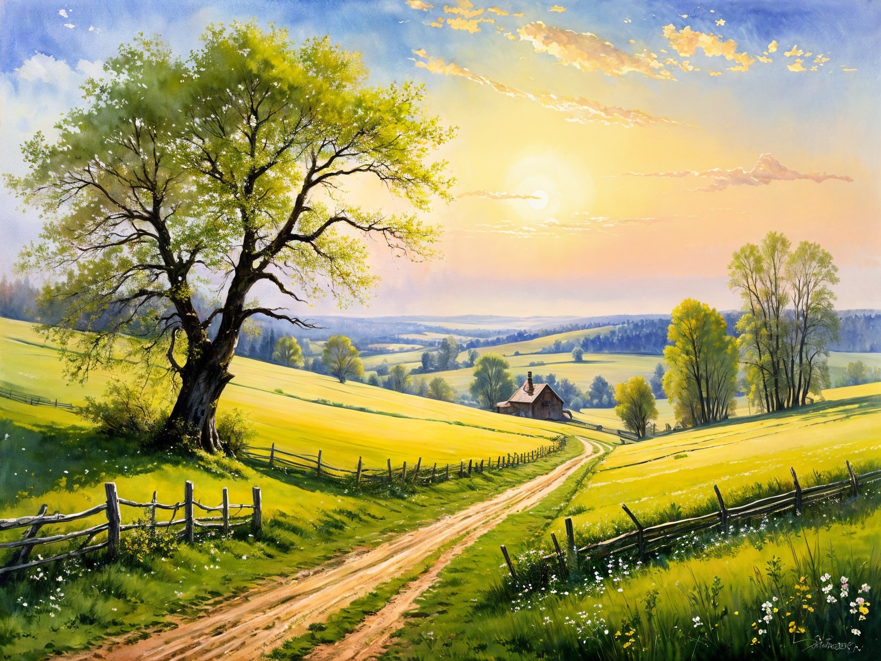Serene Landscape with Winding Path and Farmhouse