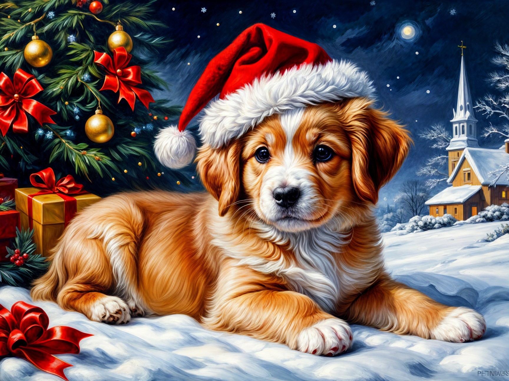 Festive Puppy in Santa Hat Amid Snowy Christmas Scene