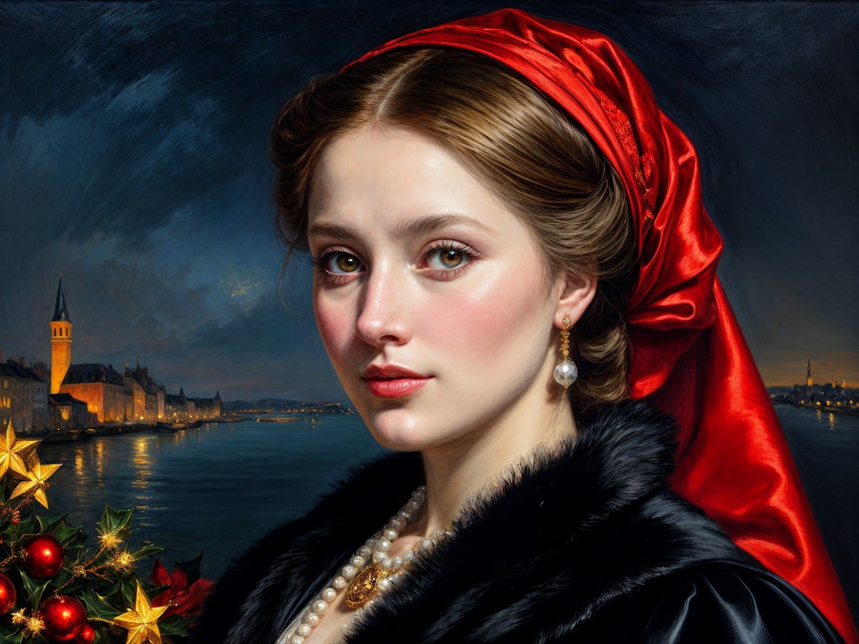 Young woman in black fur coat with night scene backdrop