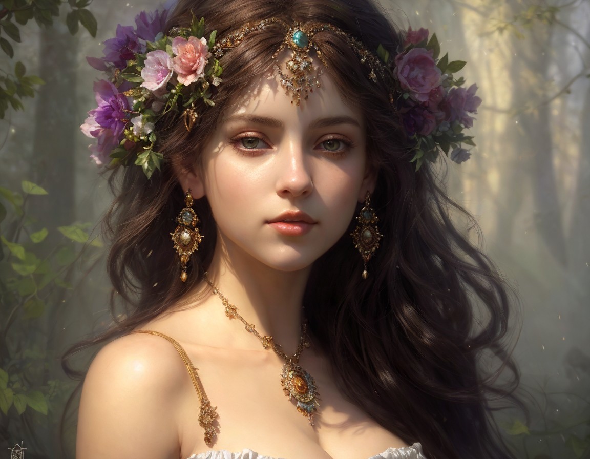 Serene Woman in Floral Crown and Golden Jewelry
